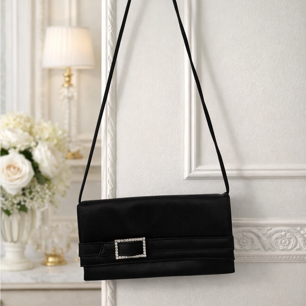 Vintage-Style Black Satin Evening Bag Rhinestone Buckle